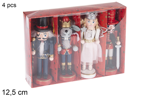 [118368] Pack 4 casse-noix de Noël en bois couleurs assorties 12,5 cm