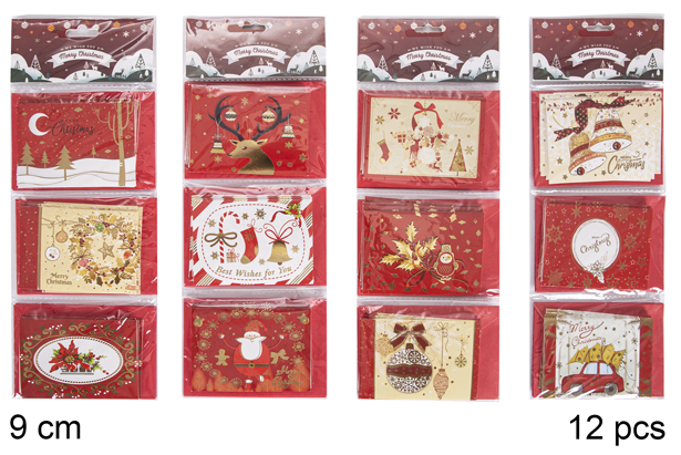 Pack 12 cartes de voeux de Noël décoration assortie 9 cm