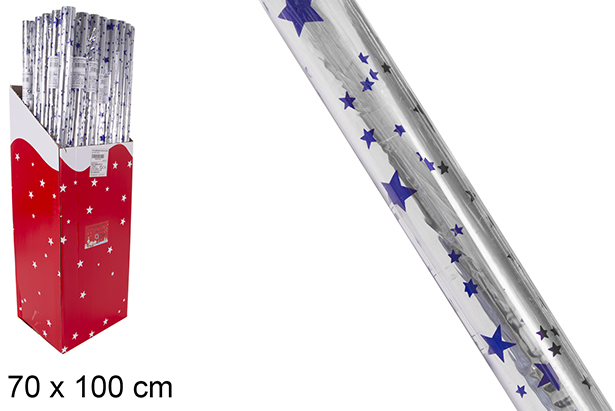 Papel cielo laminado Navidad plata con estrellas azules 70x100 cm