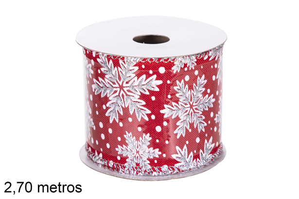 Nastro natalizio rosso decorato con fiocchi di neve argento/glitter 2,7 m.