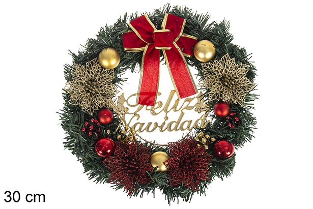 Corona Navidad decorada lazo rojo 30 cm