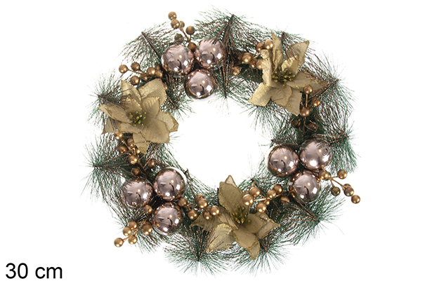 Couronne de Noël fleurs/boules or rose 30 cm