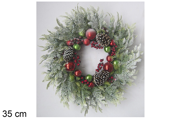 Corona Navidad nevada con bolas rojas y piñas 35 cm