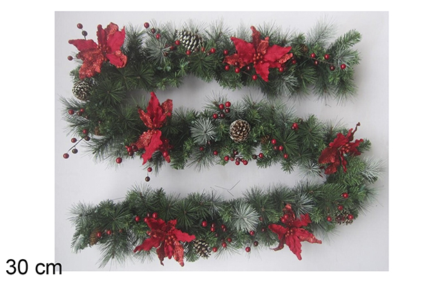 Guirnalda Navidad con flores y bayas rojas y piñas 30 cm