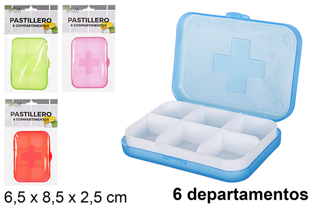 [118968] Caixa de comprimidos plástico com 6 departamentos cores sortidas