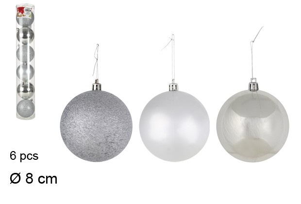 Pack 6 assorted silver bauble in PVC tube 8 cm