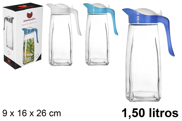 [119329] Brocca per acqua in vetro frigorifero con coperchio colorato 1,5 l.