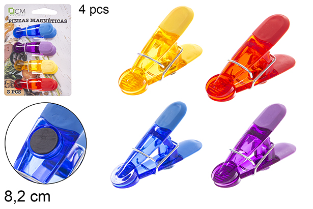 Pack 4 clips magnétiques colorés 8,2 cm