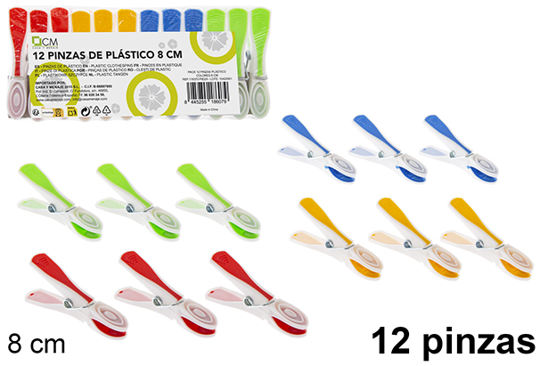 [119370] Pack 12 pinças de plástico coloridas 8 cm