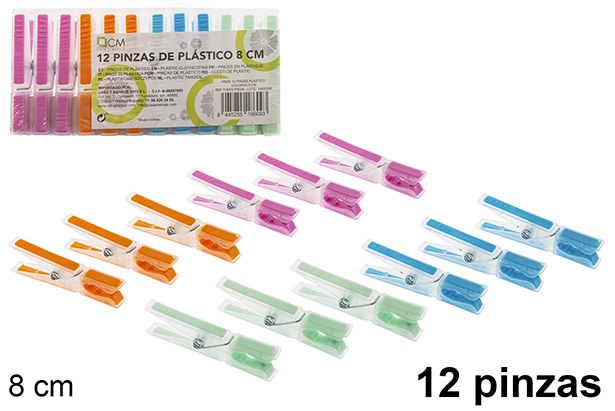 Pack 12 pinzas plástico colores 8 cm