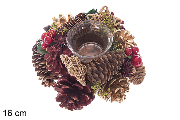 Portavelas cristal con piñas rojas y oro 16 cm