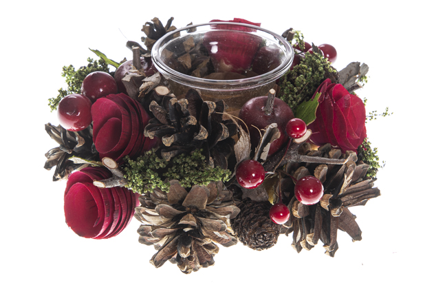 Porta vela cristal decorado piñas y flores rojas 17 cm