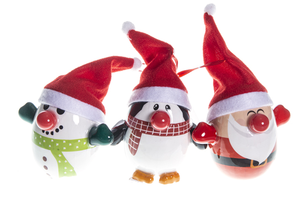 Bola oval em PVC Pai Natal, pinguim, boneco de neve com chapéu vermelho 18 cm
