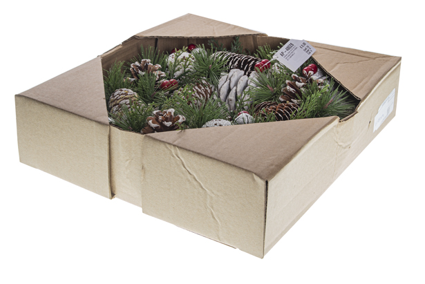 Corona madera con piñas nevadas y cascabel 30 cm