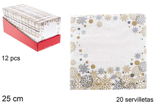 Pack 20 serviettes de Noël décorées de fleurs 3 épaisseurs 25 cm