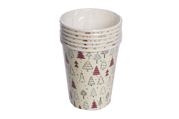 Pack 6 Christmas tree decorated paper cups 260 ml