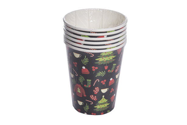 Pack 6 gobelets en papier décorés de sapin de Noël 260 ml
