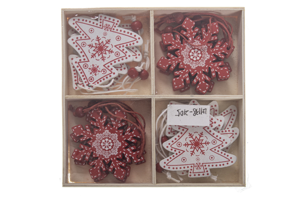 Pack 12 pendentifs arbre/flocon de neige en bois assortis rouge et blanc
