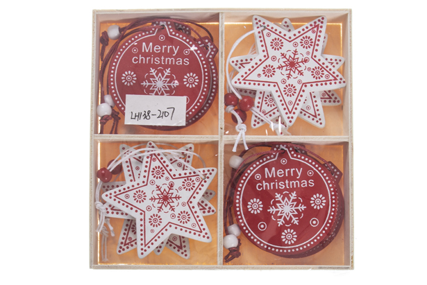 Pack 12 wooden star/ball pendant red and white assorted