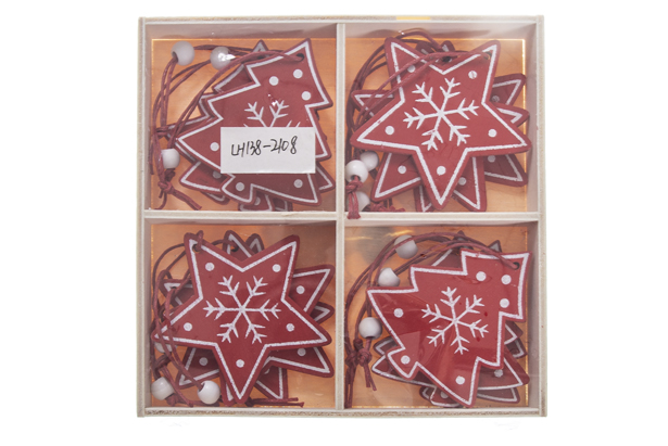 Pack 12 colgante madera estrella/árbol rojo y blanco surtido