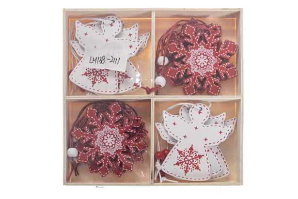 Pack 12 colgantes madera angelito/copo de nieve rojo y blanco surtido