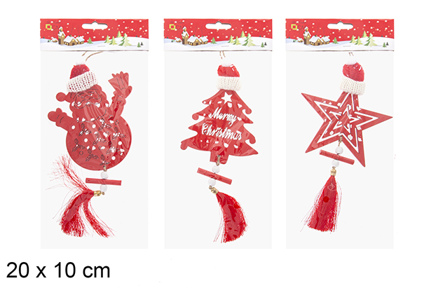[119955] Pendentif en bois rouge formes assorties avec bonnet en laine 20x10 cm