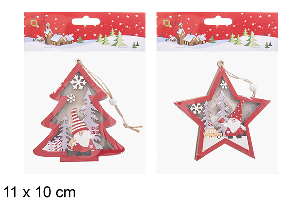 Wooden pendant with assorted star/tree LED 11x10 cm