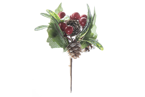 Christmas branch with berries and snowy pine cones 16 cm