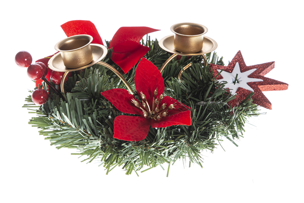 Couronne de bougeoirs décorée de fleurs de Noël rouges 20 cm