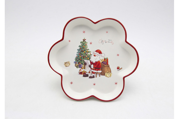 Christmas flower shaped ceramic tray decorated with Santa Claus 20 cm
