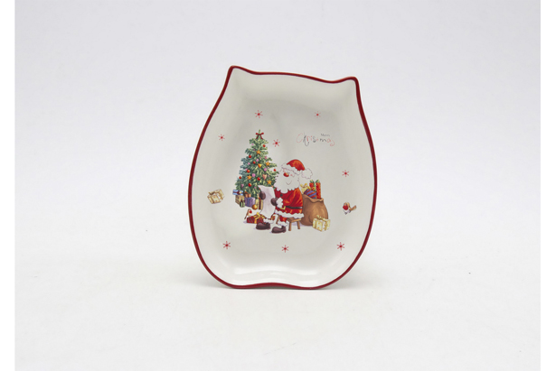 Plateau en céramique en forme de chat de Noël décoré du Père Noël 20 cm