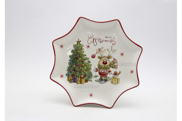 Bandeja cerámica forma estrella Navidad decorada Reno 30,5 cm