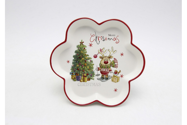 Bandeja cerámica forma flor Navidad decorada reno 20 cm