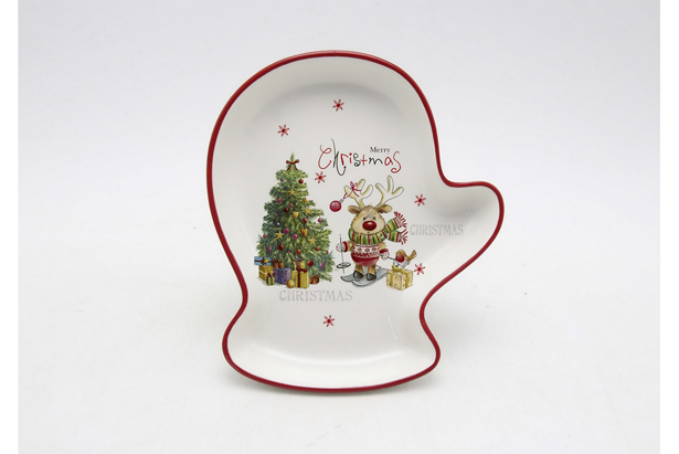 Plateau en céramique en forme de gant de Noël décoré de renne 20 cm
