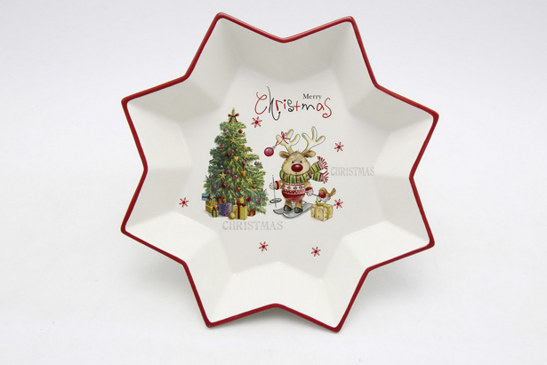 Christmas star shaped ceramic tray decorated reindeer 27 cm