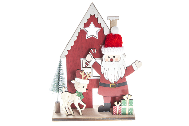 Figura madera Navidad Papa Noel con casa y reno