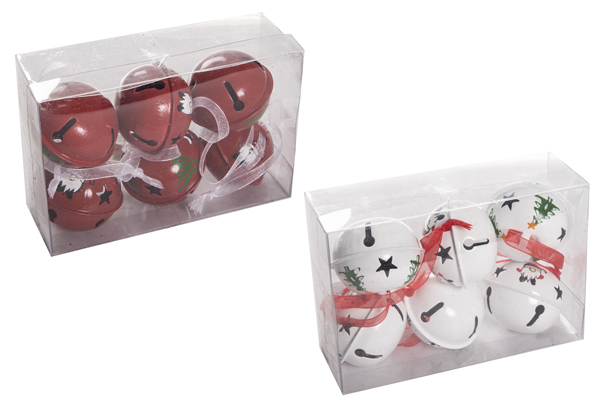 Pack 6 sinos variados de metal branco/vermelho de 4 cm