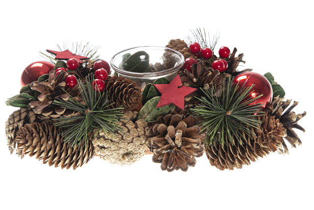 Bougeoir de Noël en verre avec pommes de pin et baies 27 cm