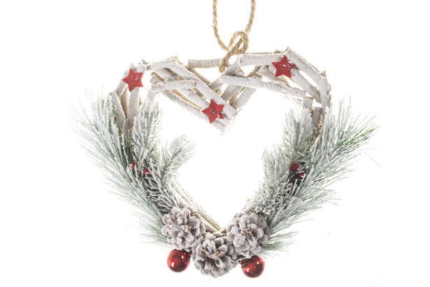 Colgante madera corazón nevado decorado pino y piñas 30 cm