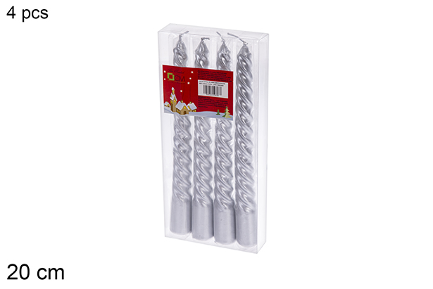 Pack 4 silver spiral candelabra candles 20 cm