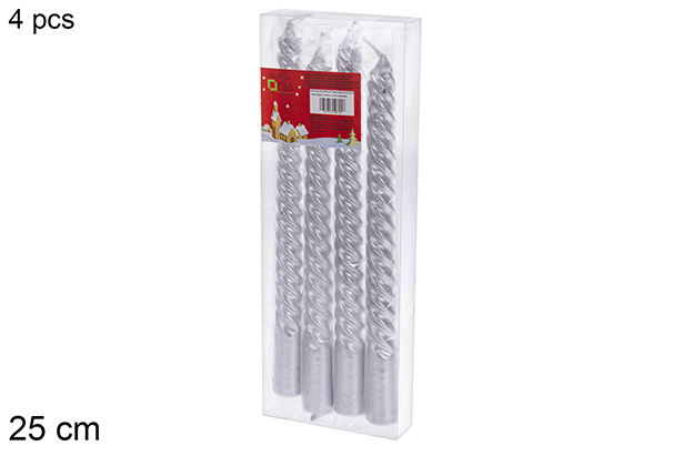 Pack 4 bougies candélabres spirales argentées 25 cm