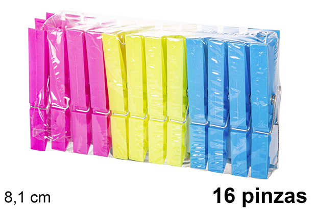 Pack 16 clipes de plástico cores sortidas 8,1 cm