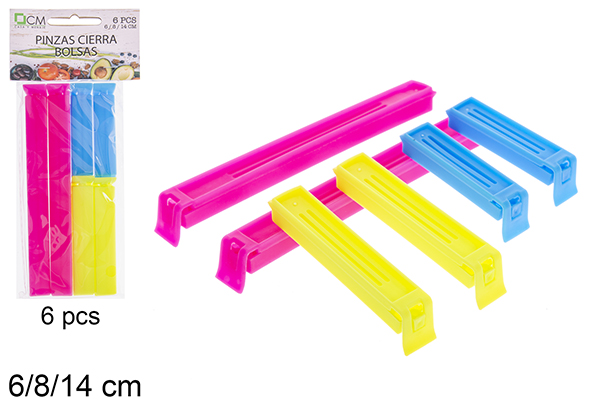 Pack 6 plastic clips to close bags 6/8/14 cm