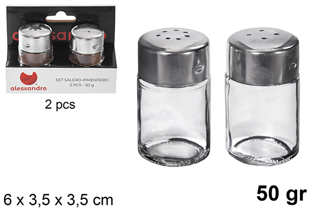[120893] Pack 2 glass salt-pepper shakers with steel lid 50 grams