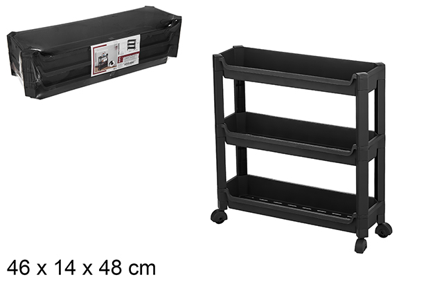 Organizador de plástico 3 estantes con ruedas negro 46x14x48 cm