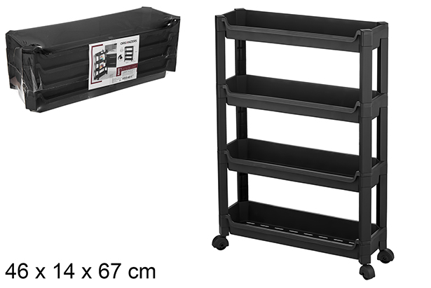 Organizer in plastica 4 ripiani con ruote nero 46x14x67 cm