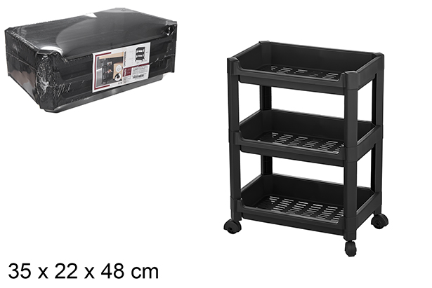Organizer in plastica 3 ripiani con ruote nero 35x22x48 cm