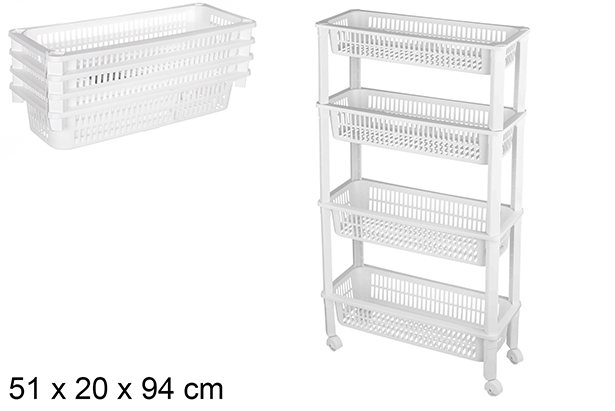 [120915] Organisateur en plastique 4 étagères à roulettes 51x20x94 cm