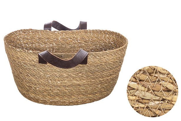Medium seagrass basket with short leather handle