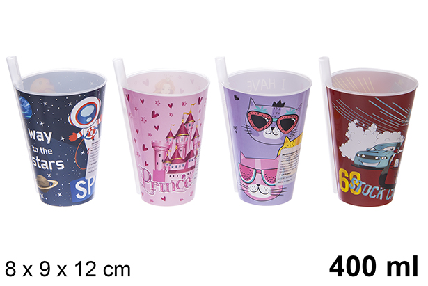 Plastic cup with decorated straw 400 ml